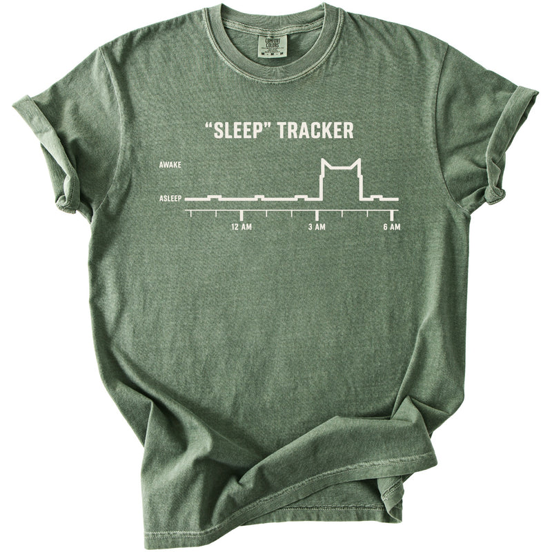Green t-shirt with white text and a sleep tracking graph.