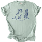 Cat leaning on the Leaning Tower of Pisa with text "PISA, 1178".