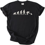Black t-shirt with evolution graphic of a human interacting with a cat.