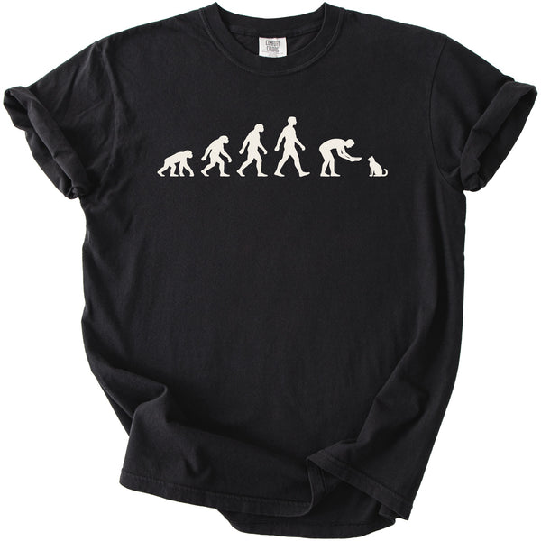 Black t-shirt with evolution graphic of a human interacting with a cat.