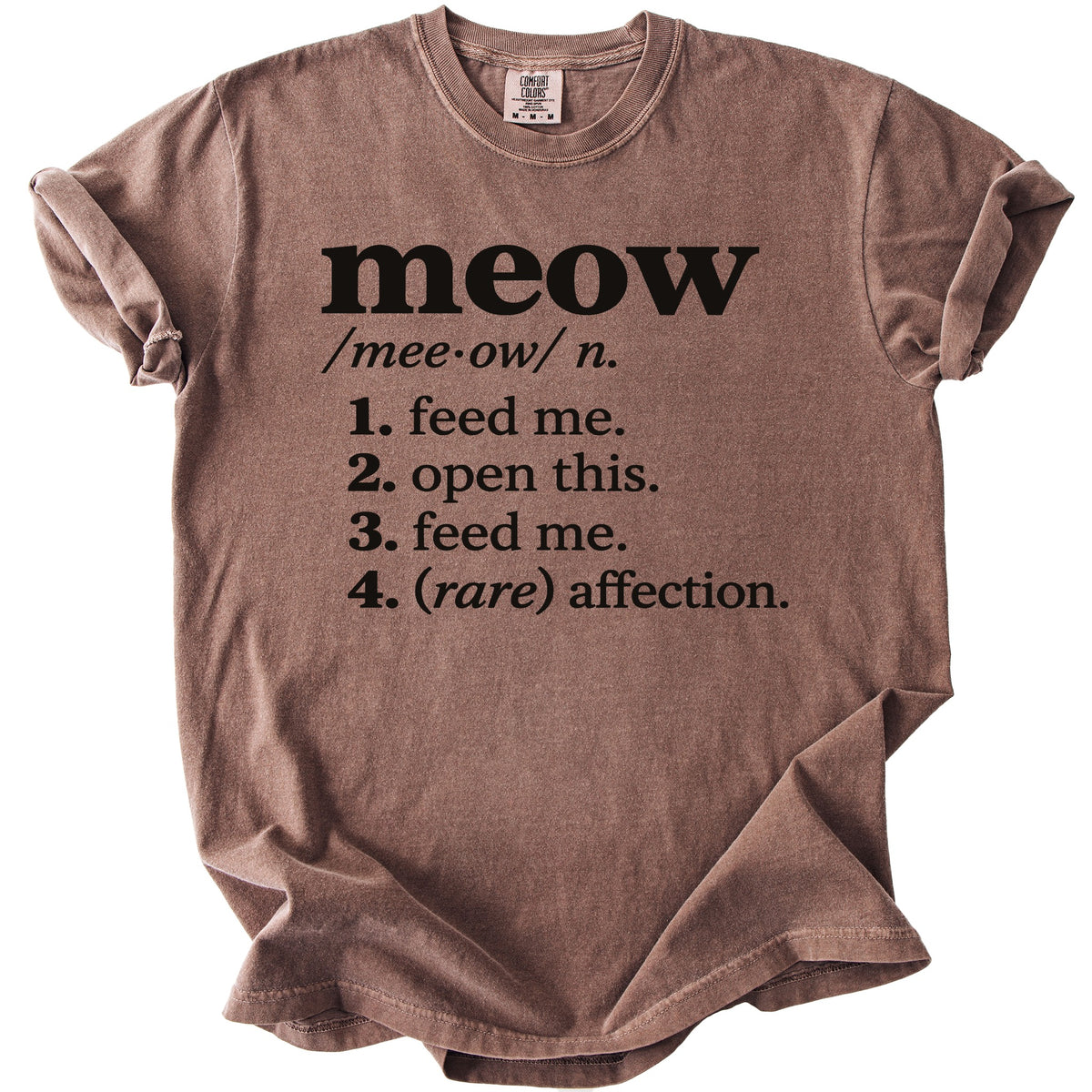 Brown t-shirt with "meow" definition in black text.