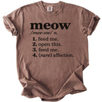 Brown t-shirt with "meow" definition in black text.