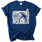 A blue crewneck t-shirt featuring a stylized graphic of a snarling cat with arched fur.
