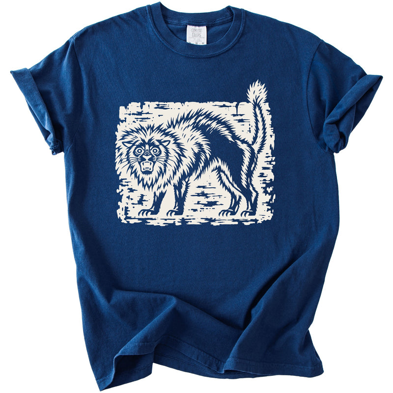 A blue crewneck t-shirt featuring a stylized graphic of a snarling cat with arched fur.