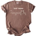 Brown t-shirt with "SLEEP" TRACKER graphic showing a cat outline on a sleep chart.