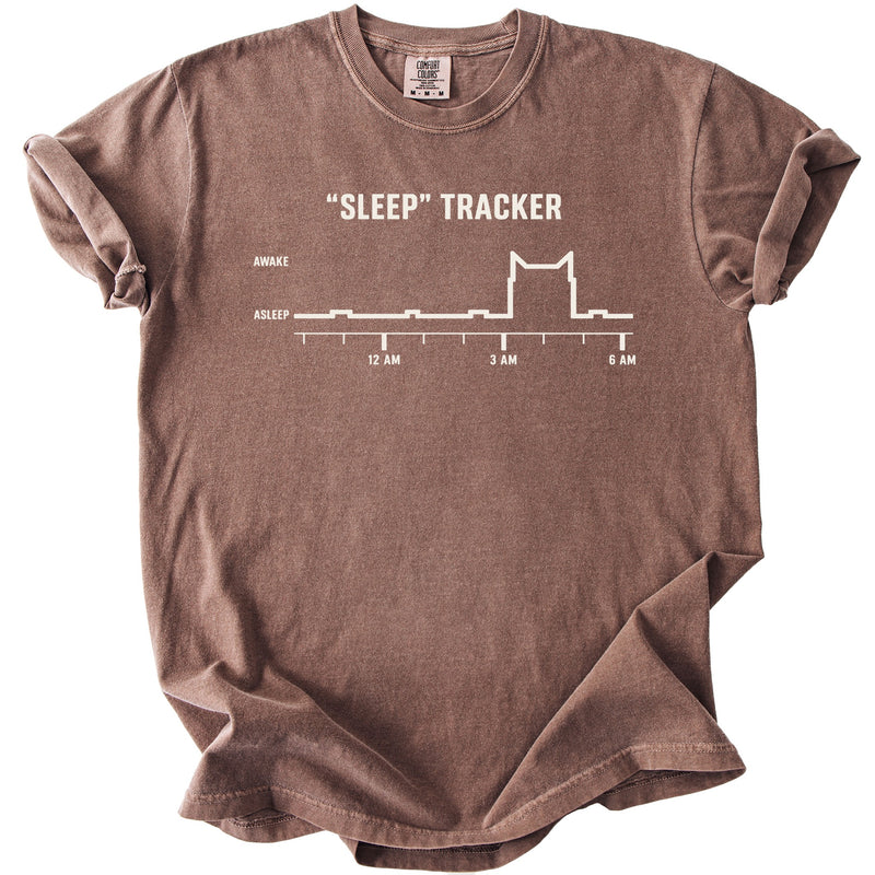 Brown t-shirt with "SLEEP" TRACKER graphic showing a cat outline on a sleep chart.