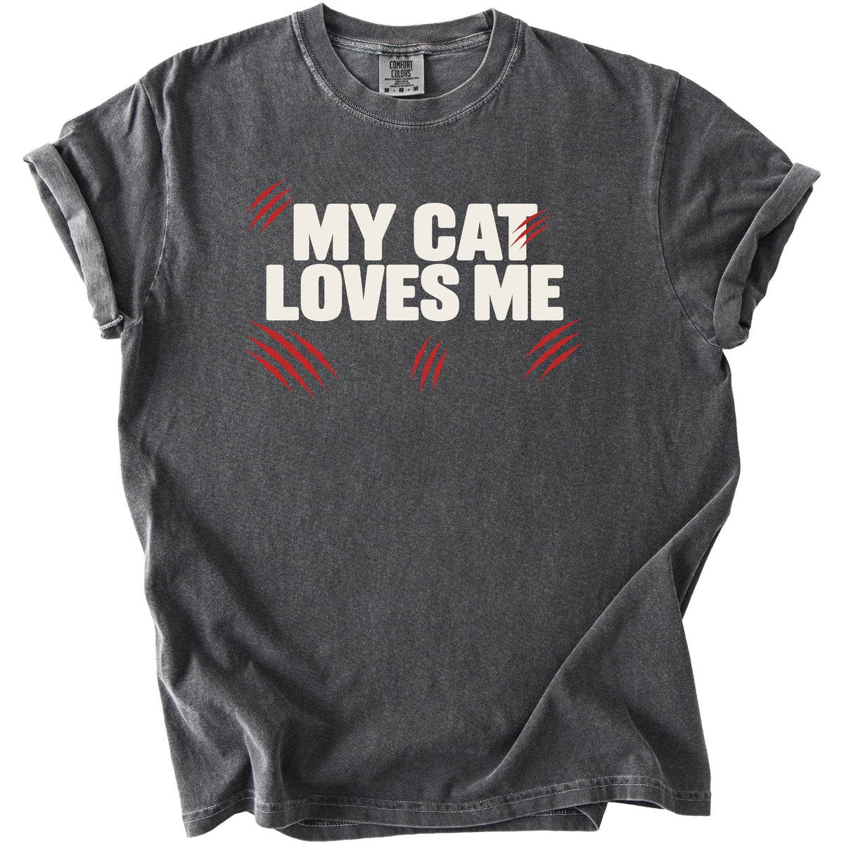 Dark grey t-shirt with "MY CAT LOVES ME" text and red claw marks.