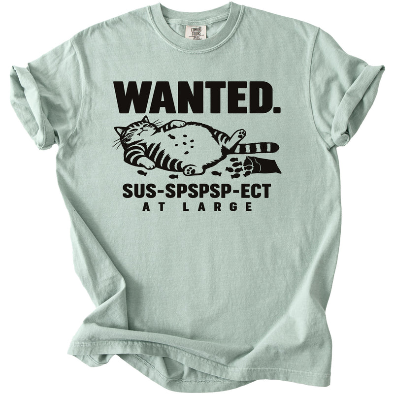 Light green t-shirt with "WANTED. SUS-SPSPSP-ECT AT LARGE" and a cat graphic.