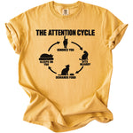 Yellow t-shirt with black graphic: The Attention Cycle with four cat illustrations and text.