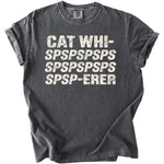 Charcoal gray t-shirt with distressed text "CAT WHI- SPSPSPSPSPSPSPSPSPSPSPSP-ERER".