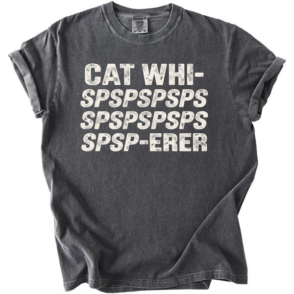 Charcoal gray t-shirt with distressed text "CAT WHI- SPSPSPSPSPSPSPSPSPSPSPSP-ERER".