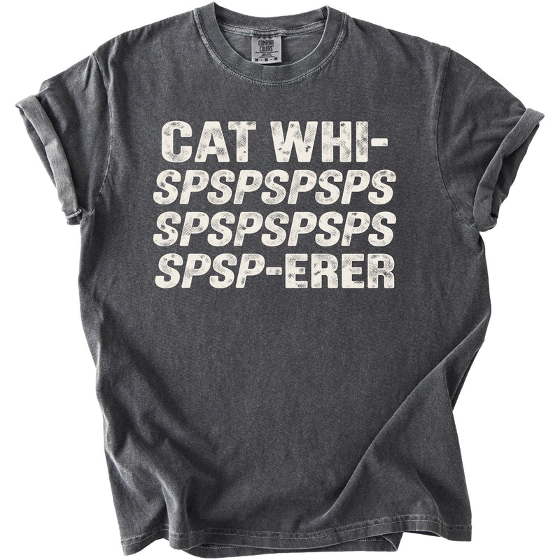 Charcoal gray t-shirt with distressed text "CAT WHI- SPSPSPSPSPSPSPSPSPSPSPSP-ERER".