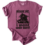 Maroon t-shirt with black graphic of cat holding bowl, text "please sir, i want some more!".