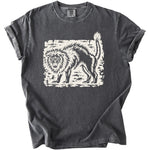 Charcoal gray crewneck t-shirt featuring a distressed white graphic of an angry arched cat on the chest.