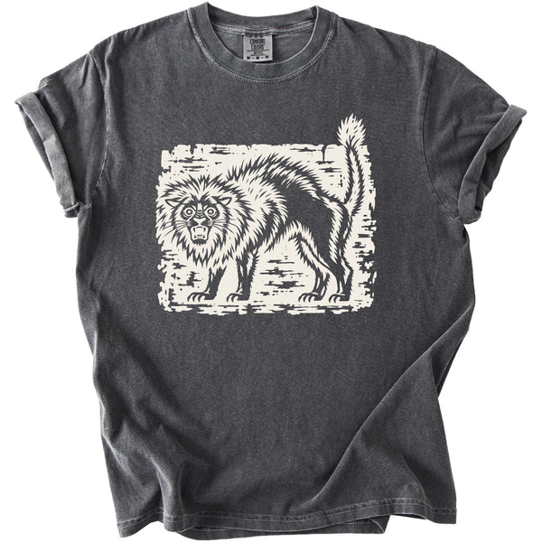 Charcoal gray crewneck t-shirt featuring a distressed white graphic of an angry arched cat on the chest.