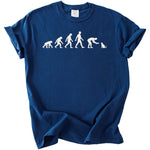 Blue t-shirt with white graphic depicting human evolution and interaction with a cat.