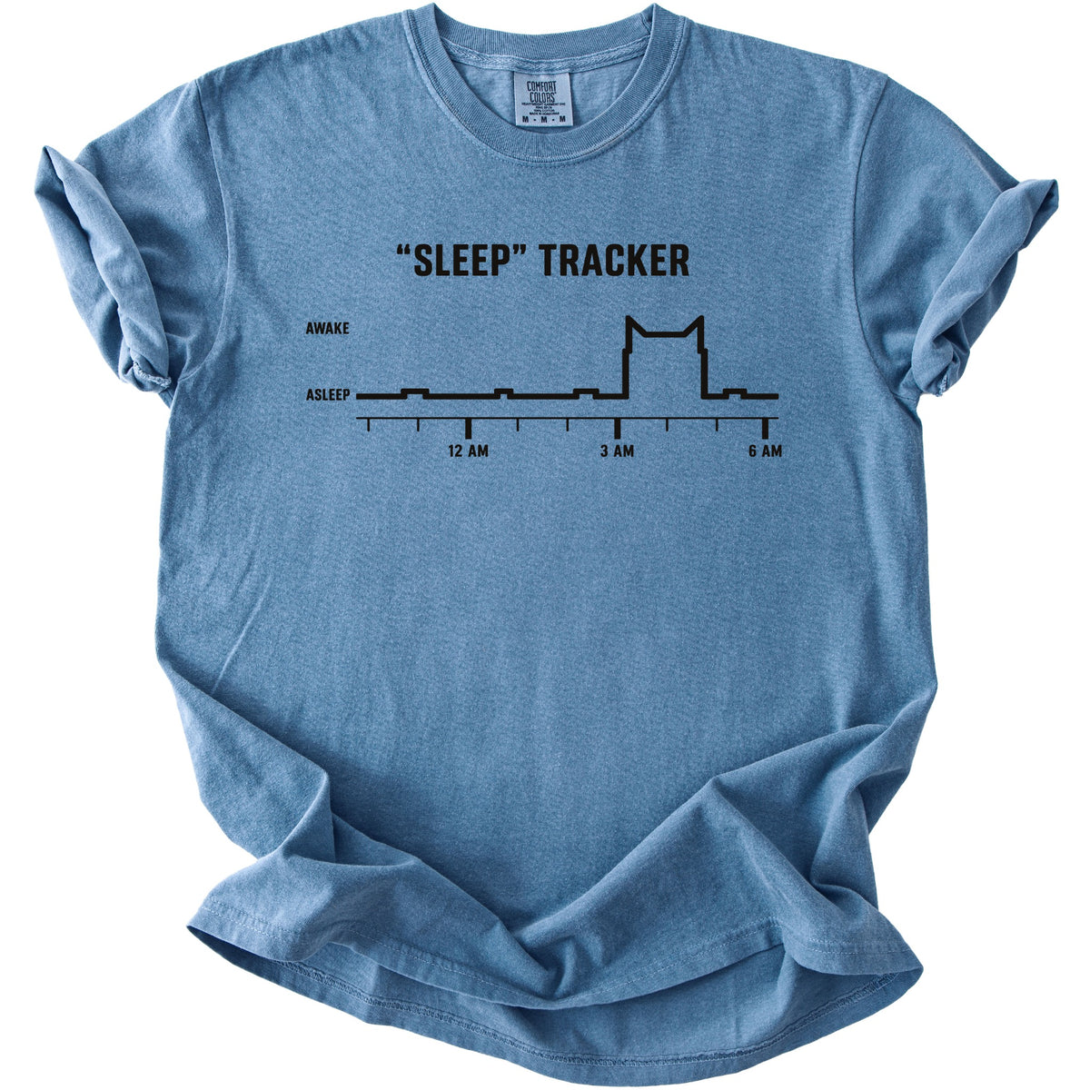 Blue t-shirt with "Sleep" Tracker graphic showing a cat's sleep cycle.