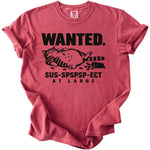 Red t-shirt with black text and graphic of a fat cat.