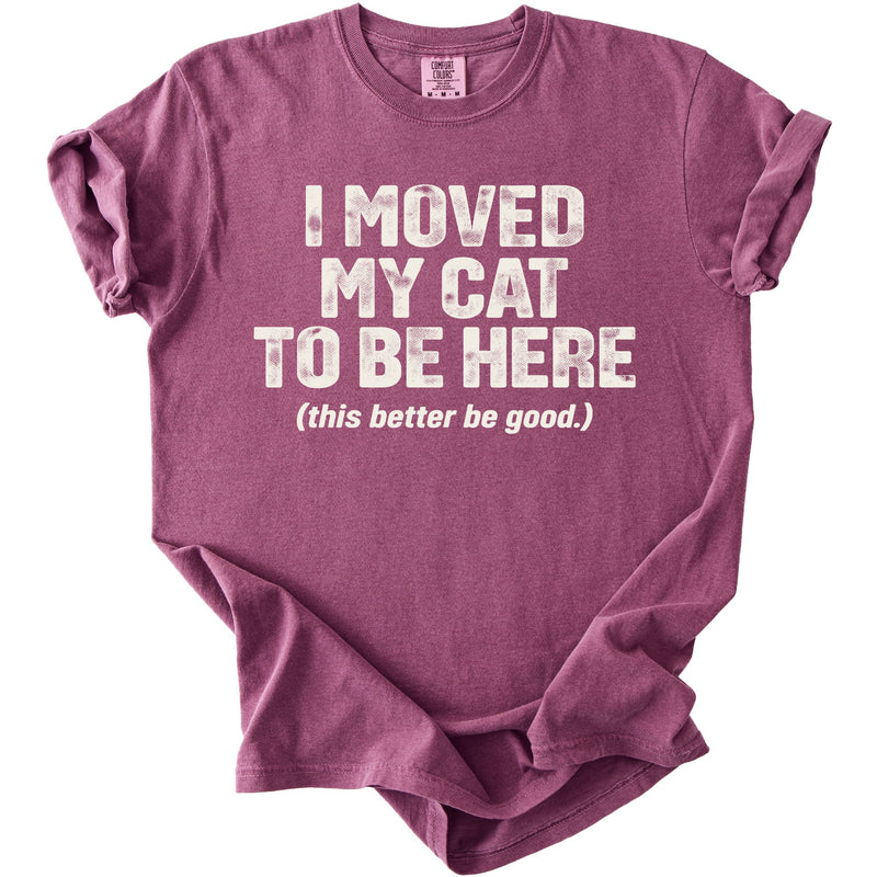 A plum-colored crewneck t-shirt with rolled sleeves features white distressed text that reads I moved my cat to be here (this better be good.).