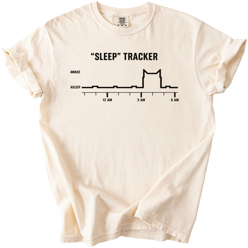 Cream t-shirt with "Sleep" Tracker graphic showing a cat-shaped waveform.