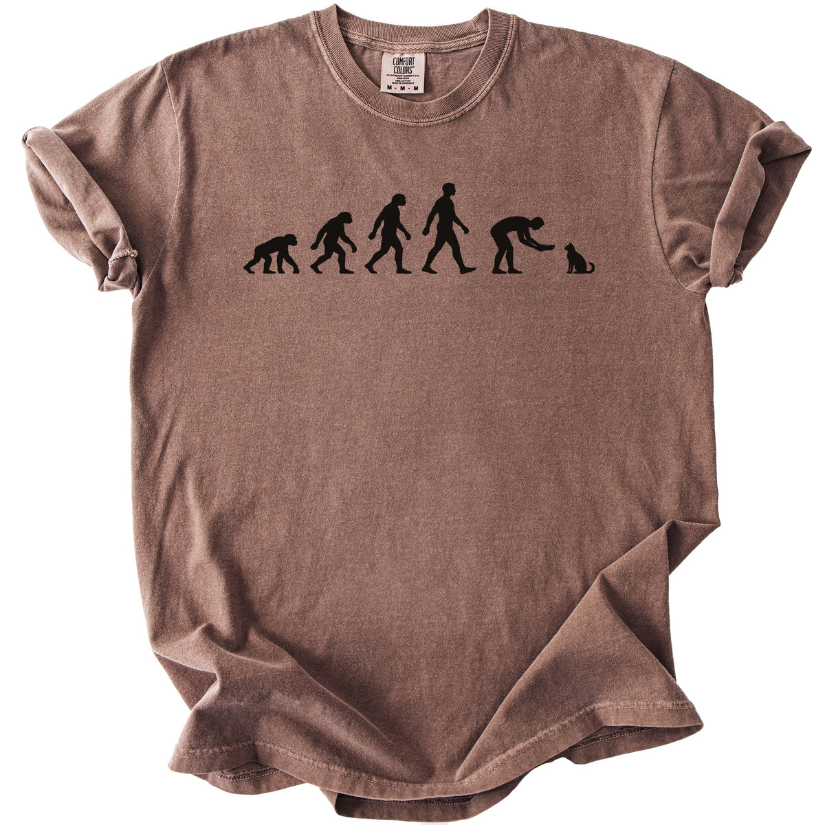 Brown t-shirt with black graphic of human evolution ending in a person petting a cat.