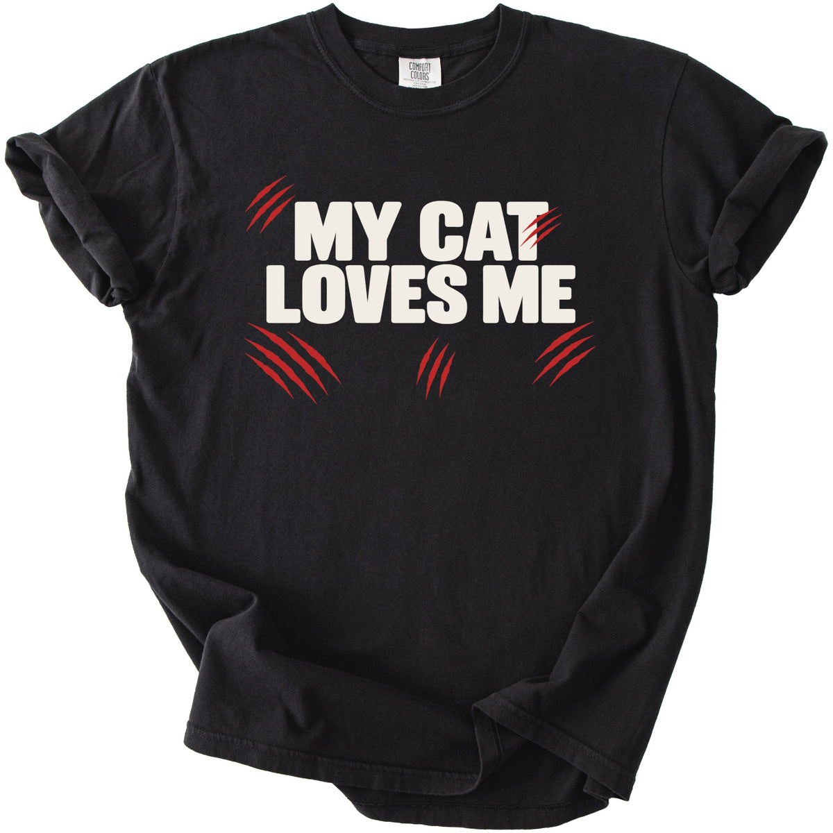 Black t-shirt with "MY CAT LOVES ME" and red claw marks.
