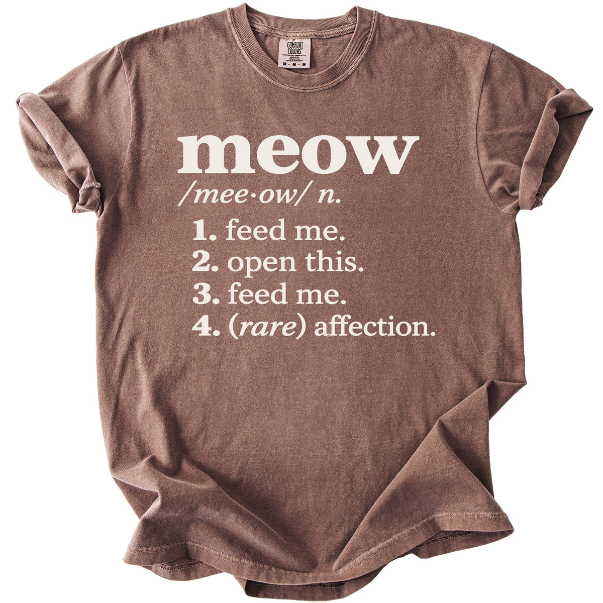 Brown t-shirt with "meow" definition printed in white text.