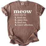 Brown t-shirt with "meow" definition printed in white text.