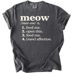 Dark gray t-shirt with "meow" definition in white text.