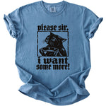 Blue t-shirt with black graphic of a cat holding a bowl and text "please sir, i want some more!".