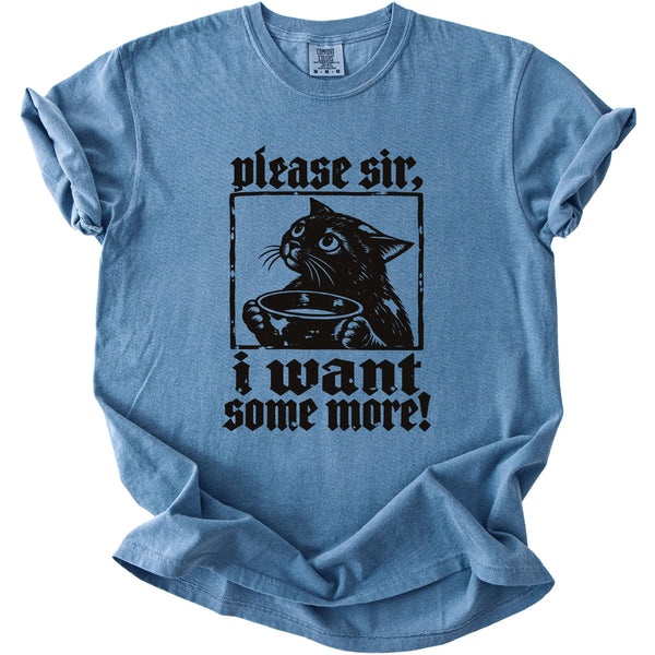 Blue t-shirt with black graphic of a cat holding a bowl and text "please sir, i want some more!".