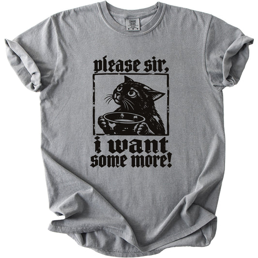 Gray t-shirt with black print: "please sir, i want some more!" and a cat.