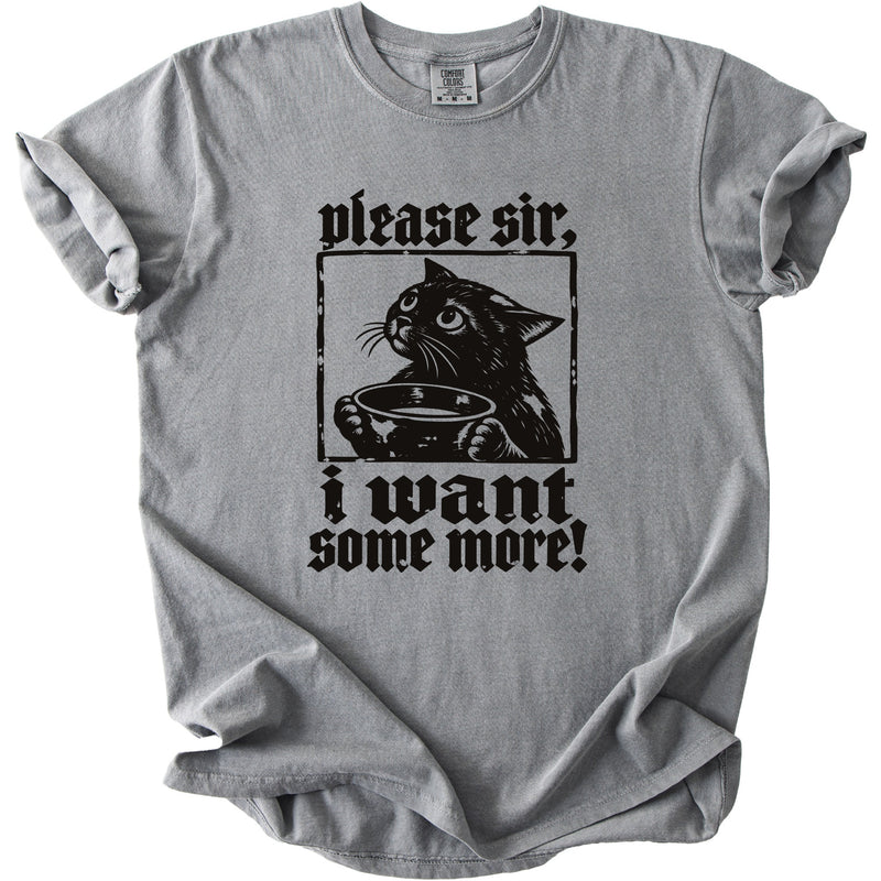 Gray t-shirt with black print: "please sir, i want some more!" and a cat.