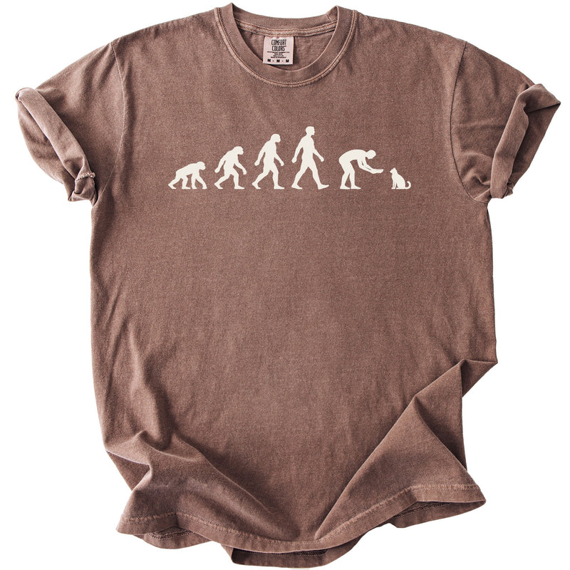 Brown t-shirt with white Comfort Colors tag and a sequence of human evolution figures culminating in petting a cat.