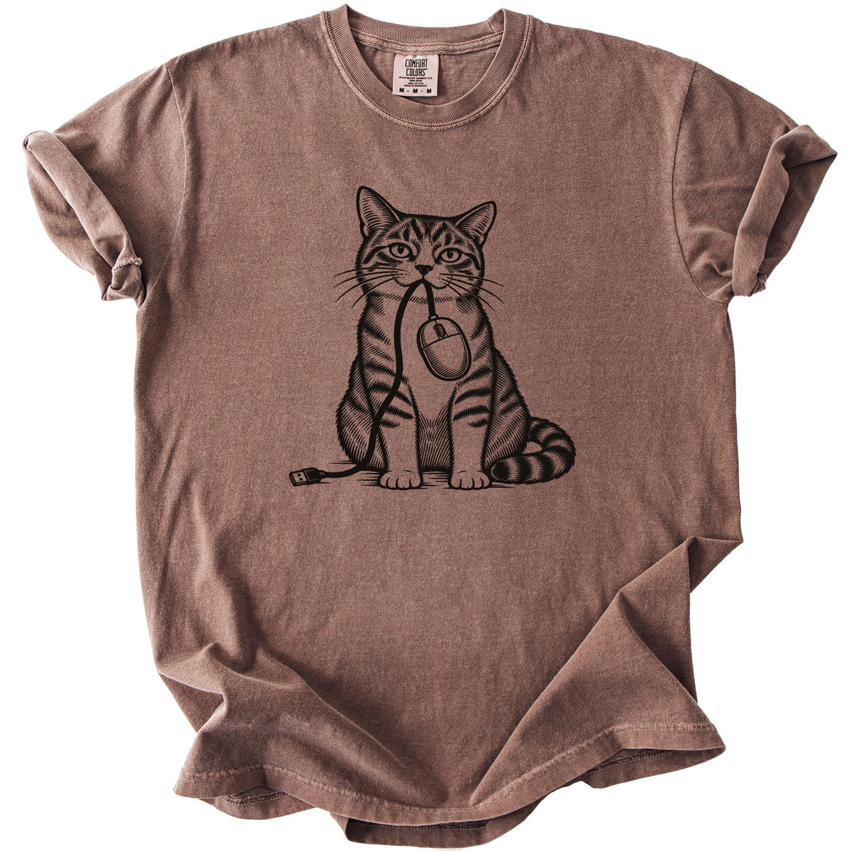 Brown t-shirt with black graphic of a cat holding a computer mouse in its mouth.
