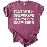 Mauve t-shirt with distressed white text "CAT WHI-SPSPSPSPSPSPSPSPSPSPSP-ERER".