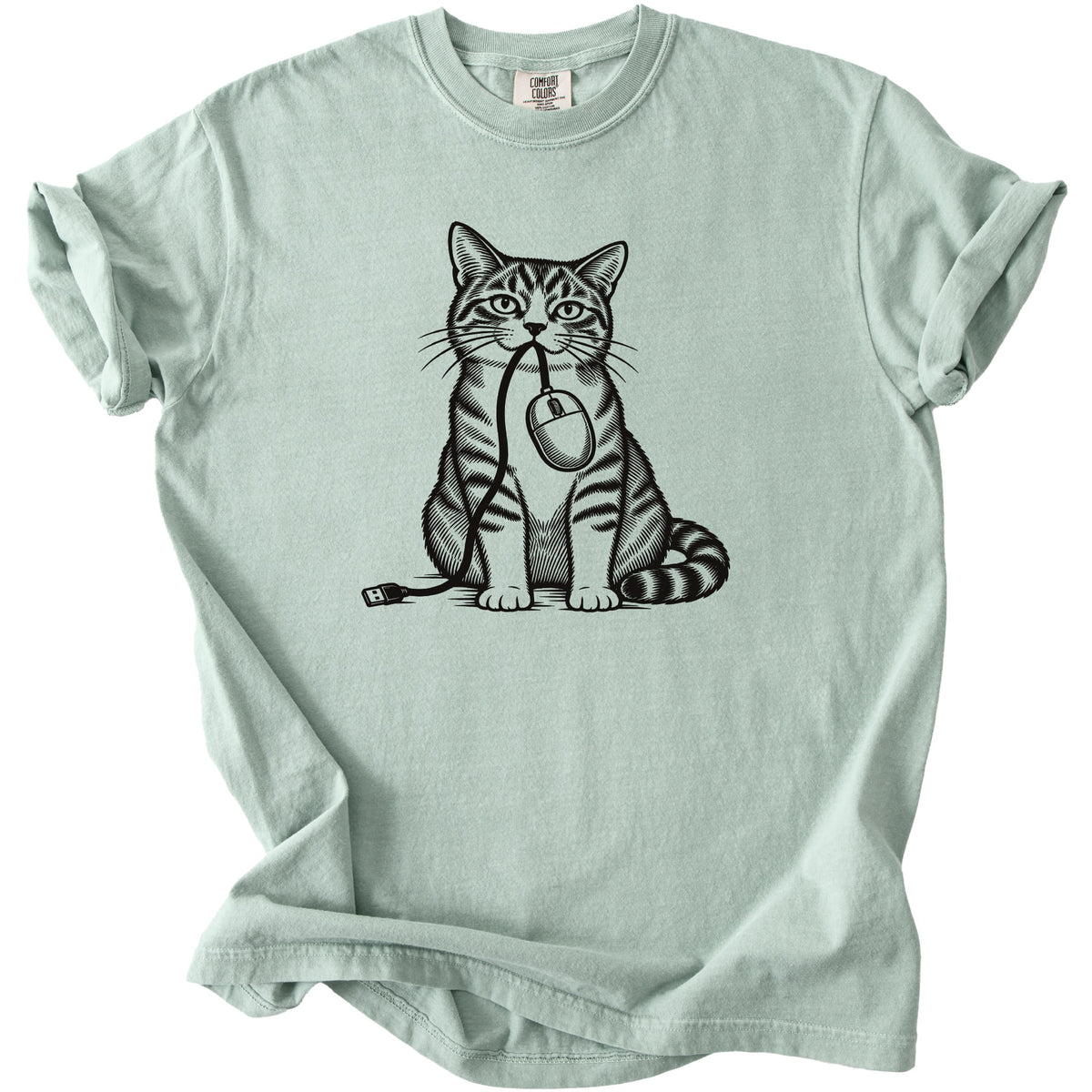 Line art tabby cat holding computer mouse and USB in mouth on light green t-shirt.