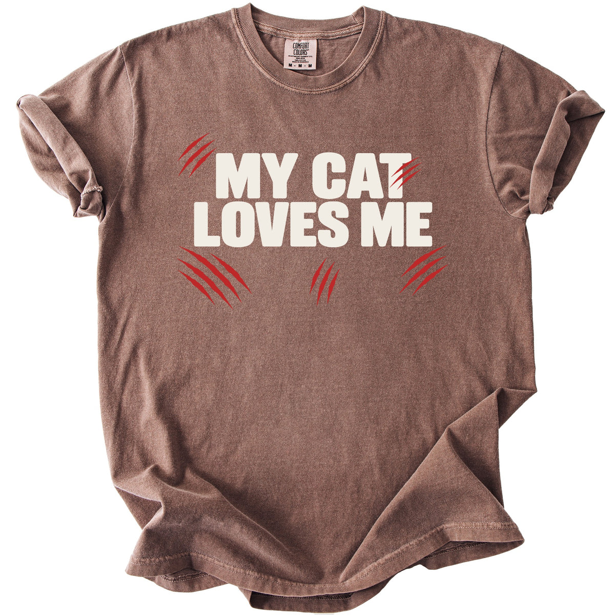 Brown t-shirt with "MY CAT LOVES ME" text and red claw marks.