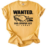Yellow t-shirt with "WANTED. SUS-SPSPSP-ECT AT LARGE" and a sleeping cat design.