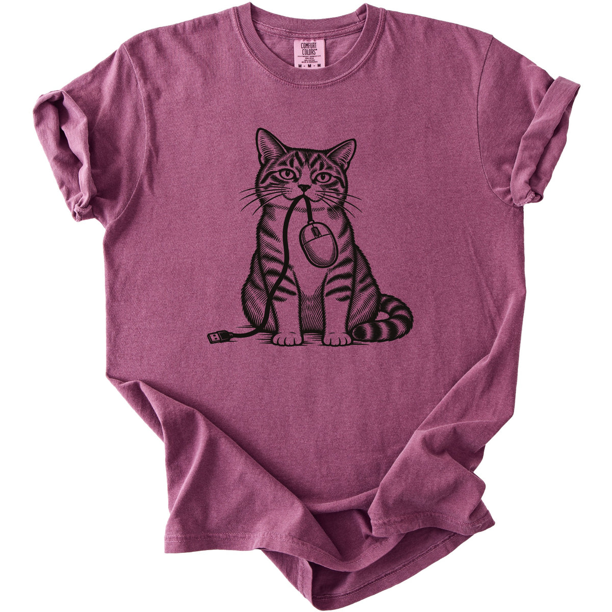 T-shirt with a sketch of a cat holding a computer mouse in its mouth.