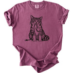T-shirt with a sketch of a cat holding a computer mouse in its mouth.