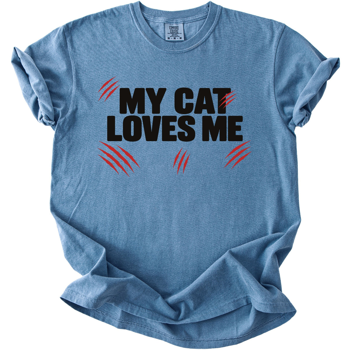 Blue t-shirt with black text "MY CAT LOVES ME" and red claw marks.