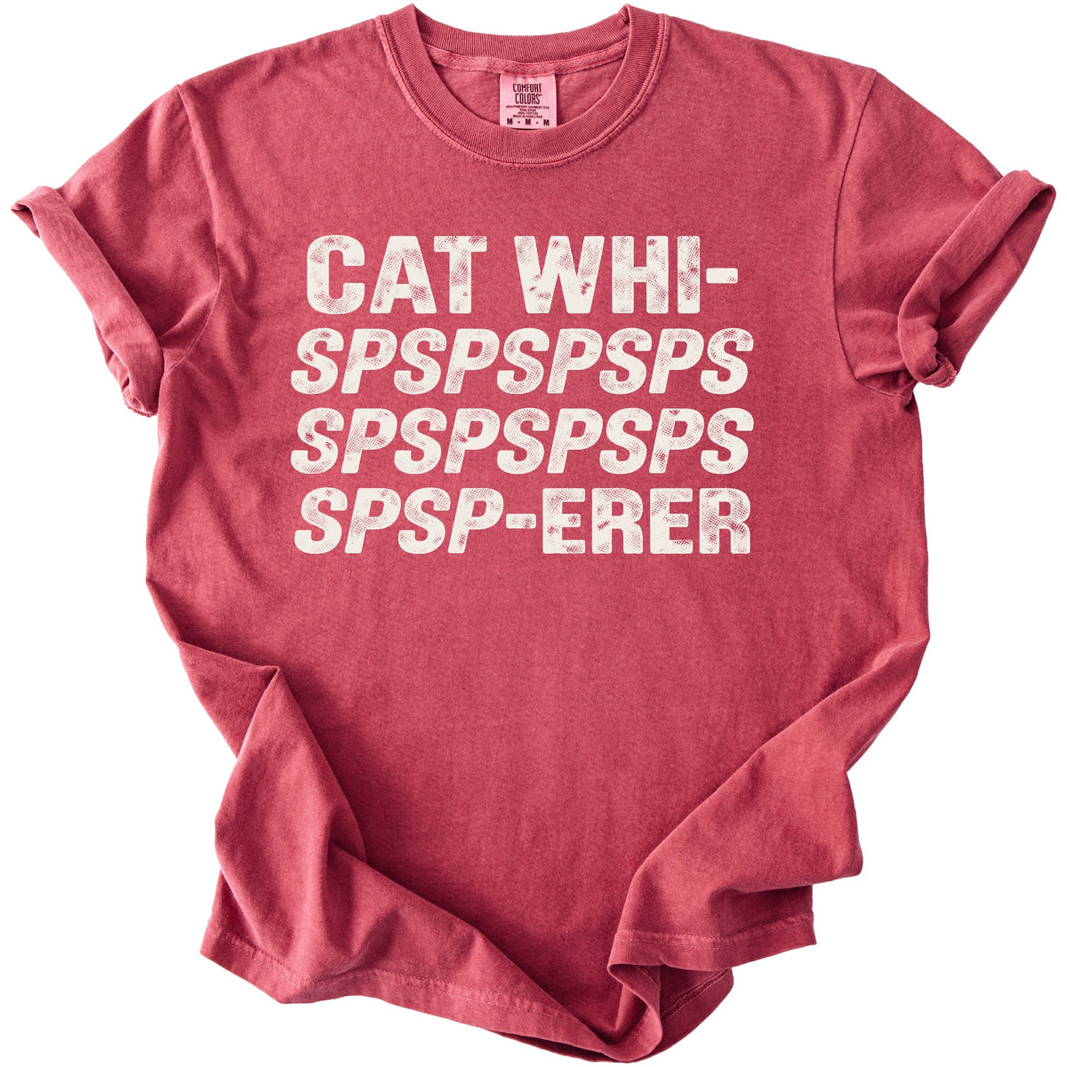 A red crewneck t-shirt with distressed white text reading CAT WHI-SPSPSPSPSP-SPSPSPSPSP-SPSP-ERER.