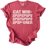 A red crewneck t-shirt with distressed white text reading CAT WHI-SPSPSPSPSP-SPSPSPSPSP-SPSP-ERER.