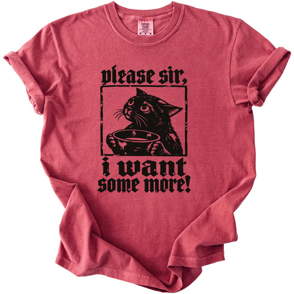 Red t-shirt with black graphic of a cat holding a bowl and text "please sir, i want some more!".