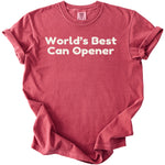 Red t-shirt with white text "World's Best Can Opener".
