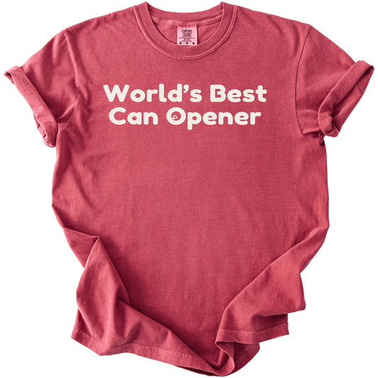 Red t-shirt with white text "World's Best Can Opener".