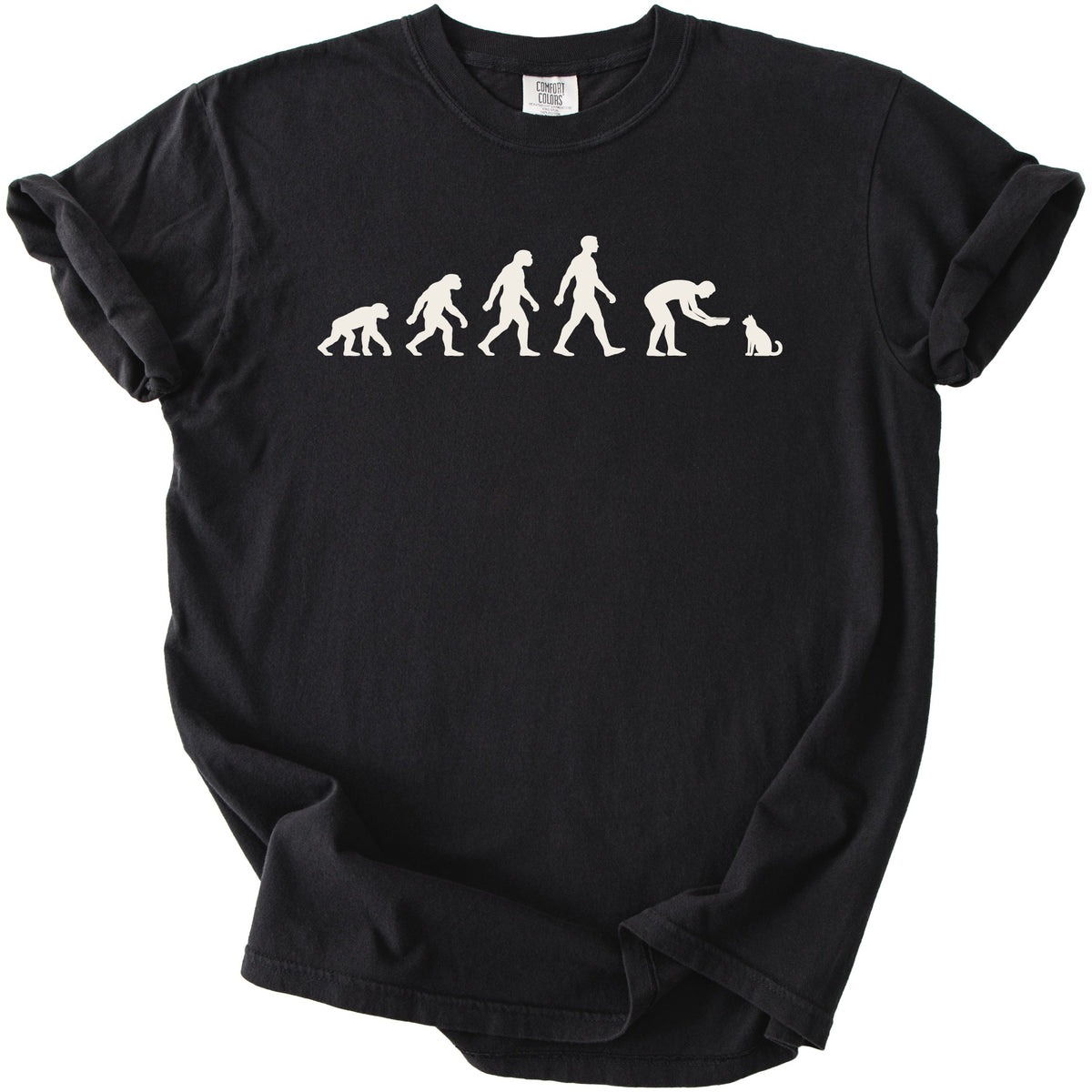 Black t-shirt with evolution design: ape to man feeding cat.