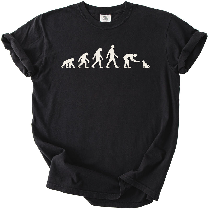 Black t-shirt with evolution design: ape to man feeding cat.