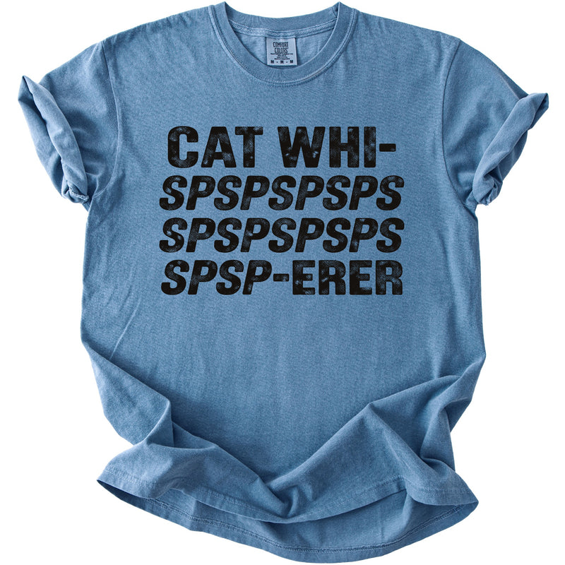 Blue t-shirt with black text reading "CAT WHI-SPSPSPSPSPSPSPSPSPSPSP-ERER".